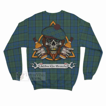 Lockhart Tartan Sweatshirt with Family Crest and Bearded Skull Holding Bottles of Whiskey - Tartan Vibes Clothing
