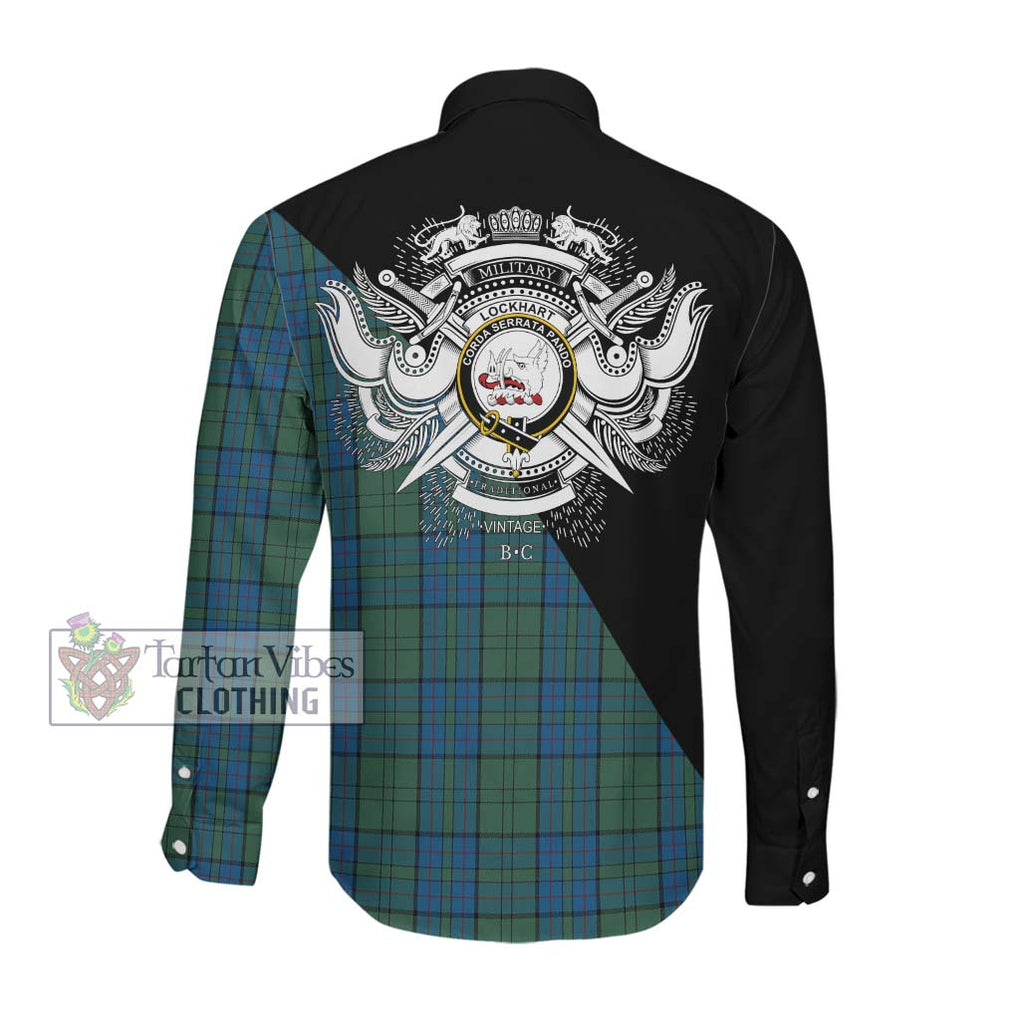 Lockhart Tartan Long Sleeve Button Shirt with Family Crest and Military Logo Style Men's Shirt - Tartanvibesclothing Shop