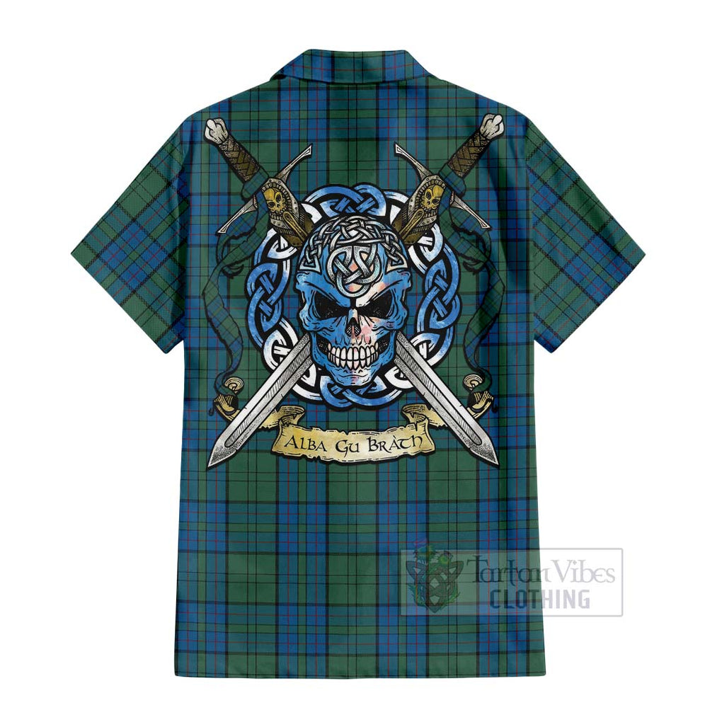 Lockhart Tartan Hawaiian Shirt with Family Crest Celtic Skull Style - Tartan Vibes Clothing