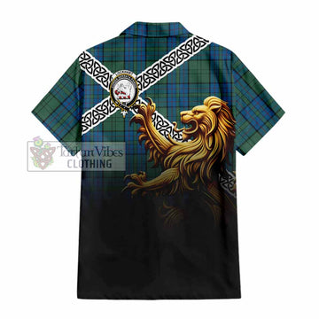 Lockhart Crest Tartan Hawaiian Shirt with Golden Lion Emblem Celtic Style - Tartan Vibes Clothing