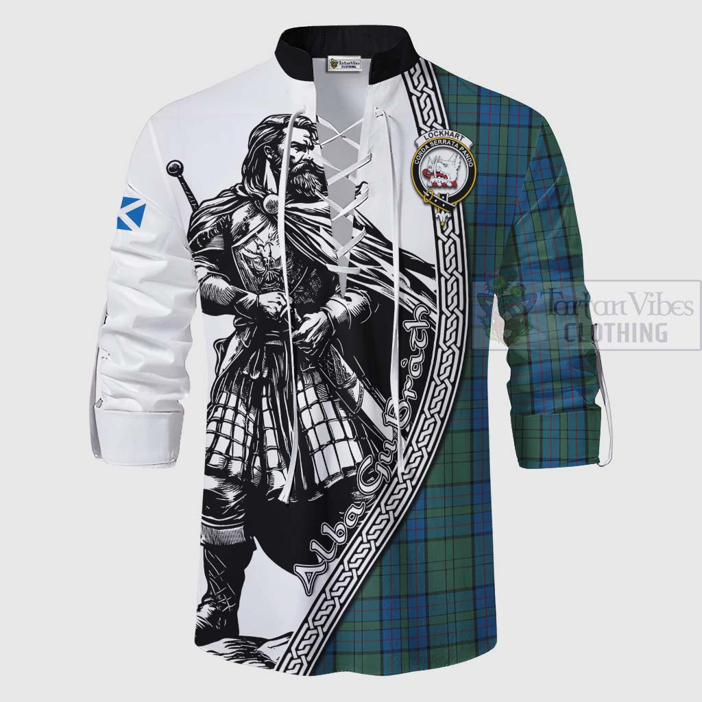 Lockhart Tartan Clan Crest Ghillie Kilt Shirt with Highlander Warrior Celtic Style - Tartan Vibes Clothing