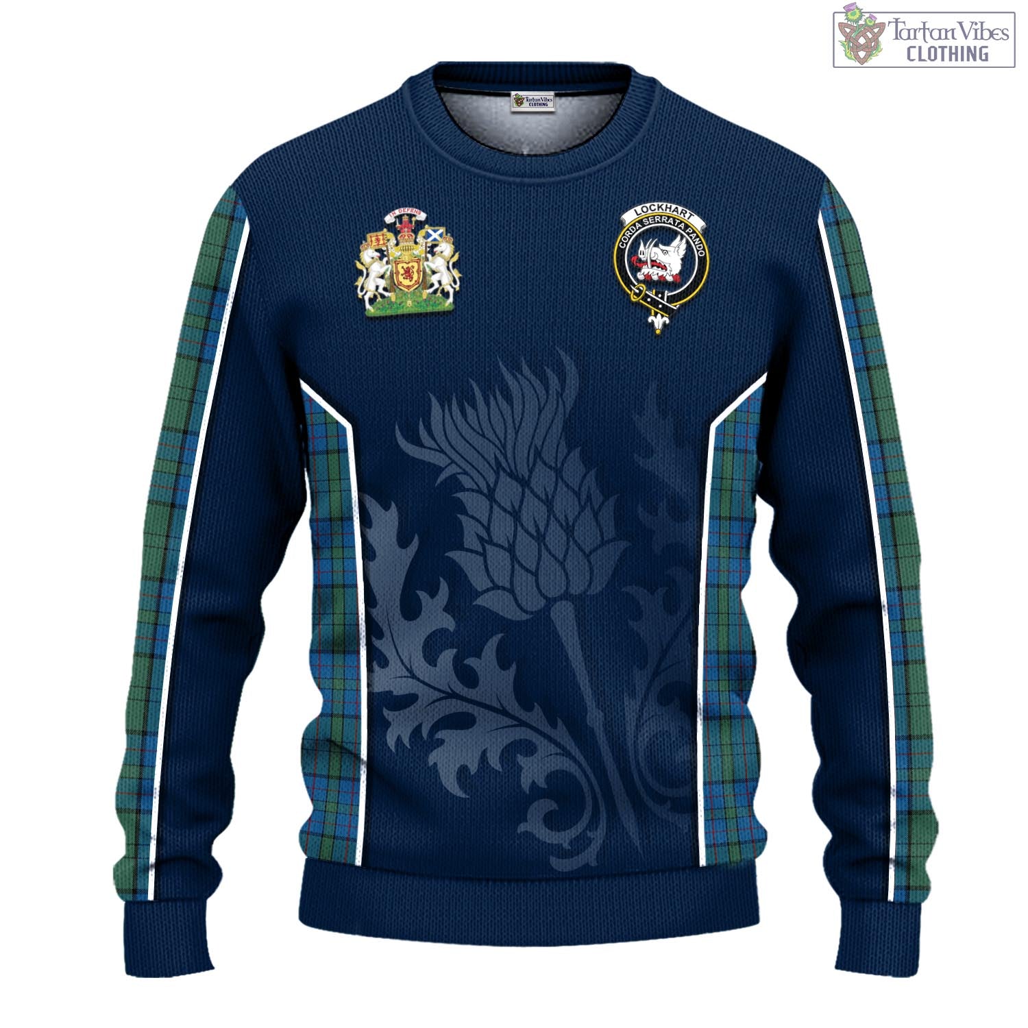 Tartan Vibes Clothing Lockhart Tartan Knitted Sweatshirt with Family Crest and Scottish Thistle Vibes Sport Style