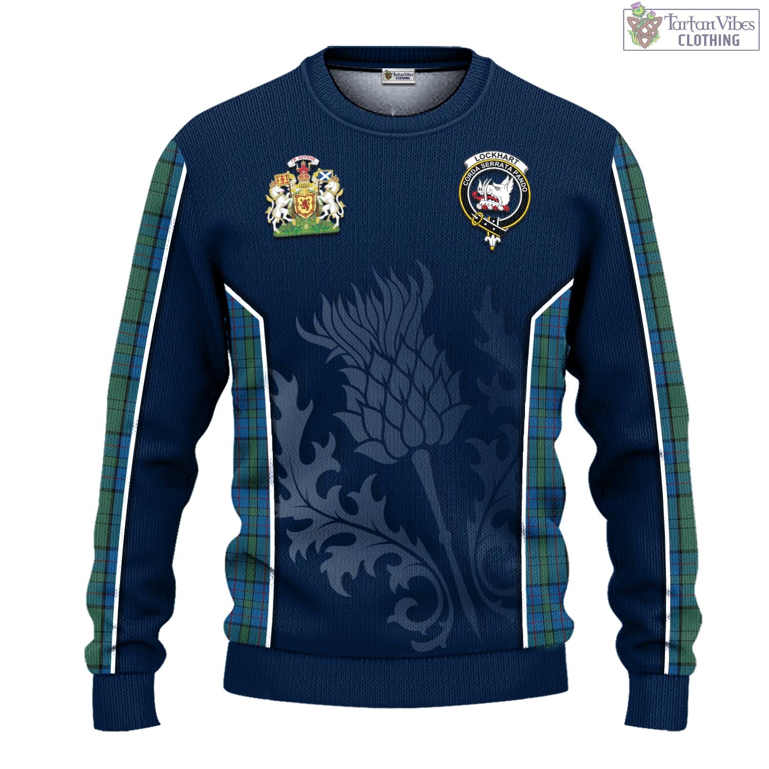 Lockhart Tartan Knitted Sweatshirt with Family Crest and Scottish Thistle Vibes Sport Style - Tartan Vibes Clothing