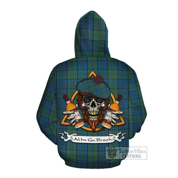 Lockhart Tartan Cotton Hoodie with Family Crest and Bearded Skull Holding Bottles of Whiskey Pullover Hoodie - Tartan Vibes Clothing