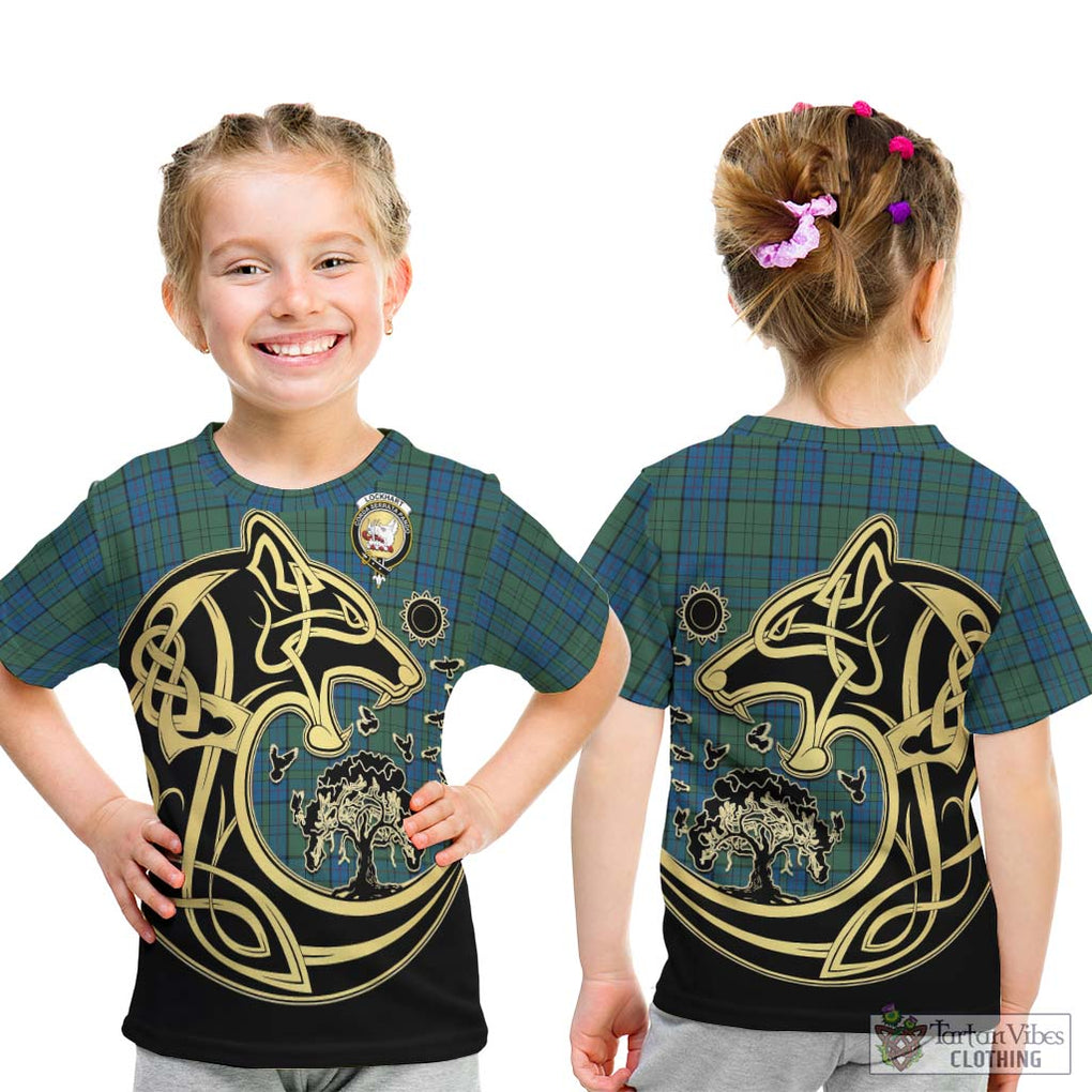 Lockhart Tartan Kid T-Shirt with Family Crest Celtic Wolf Style - Tartan Vibes Clothing