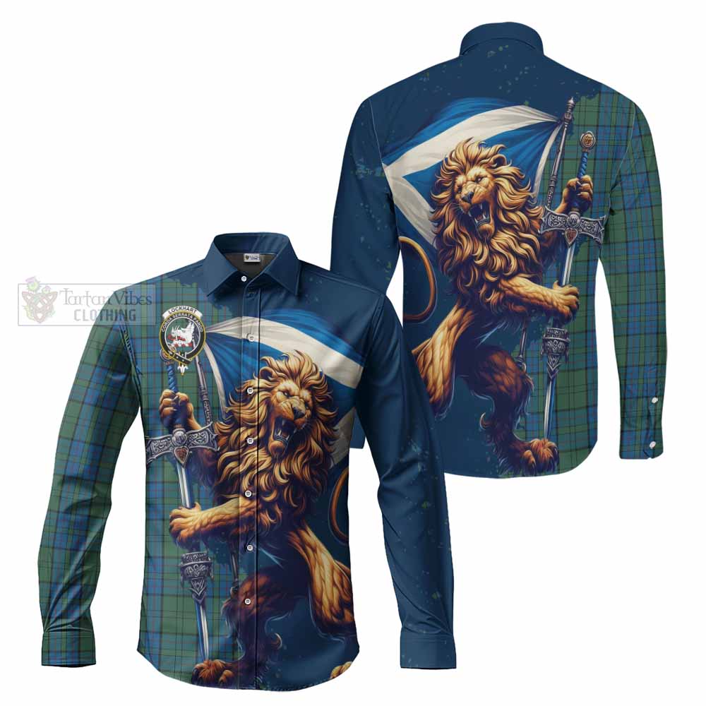 Lockhart Tartan Family Crest Long Sleeve Button Shirt with Scottish Majestic Lion - Tartan Vibes Clothing