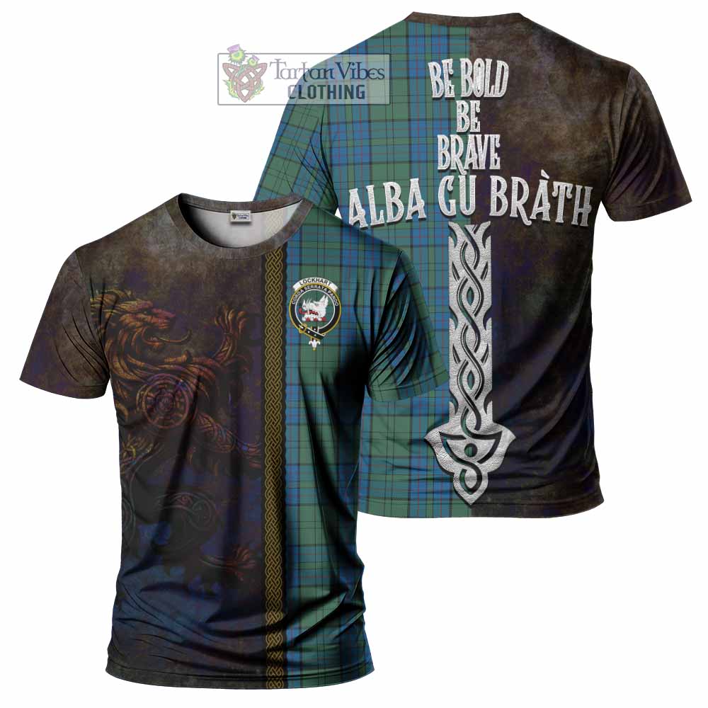 Tartan Vibes Clothing Lockhart Tartan Family Crest T-Shirt Alba Gu Brath Be Brave Lion Ancient Style