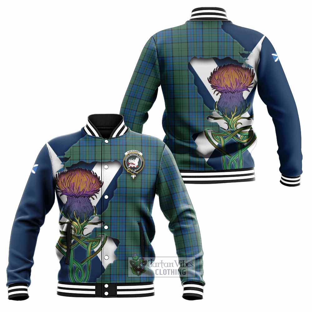 Tartan Vibes Clothing Lockhart Tartan Family Crest Baseball Jacket Scottish Thistle Celtic Inspired