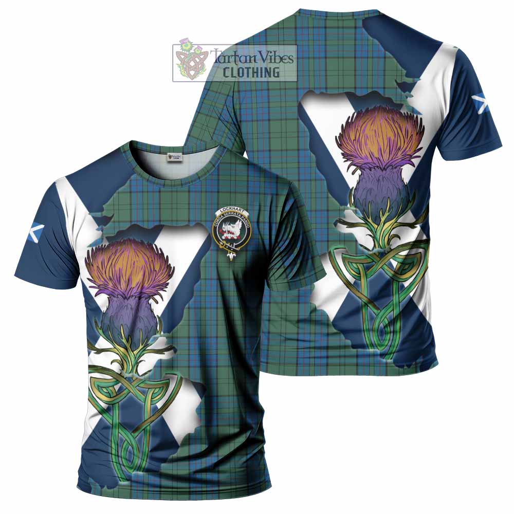 Tartan Vibes Clothing Lockhart Tartan Family Crest T-Shirt Scottish Thistle Celtic Inspired
