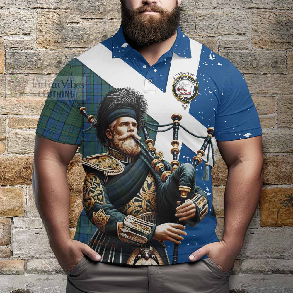 Lockhart Tartan Polo Shirt with Family Crest Scottish Bagpiper Vibes - Tartan Vibes Clothing