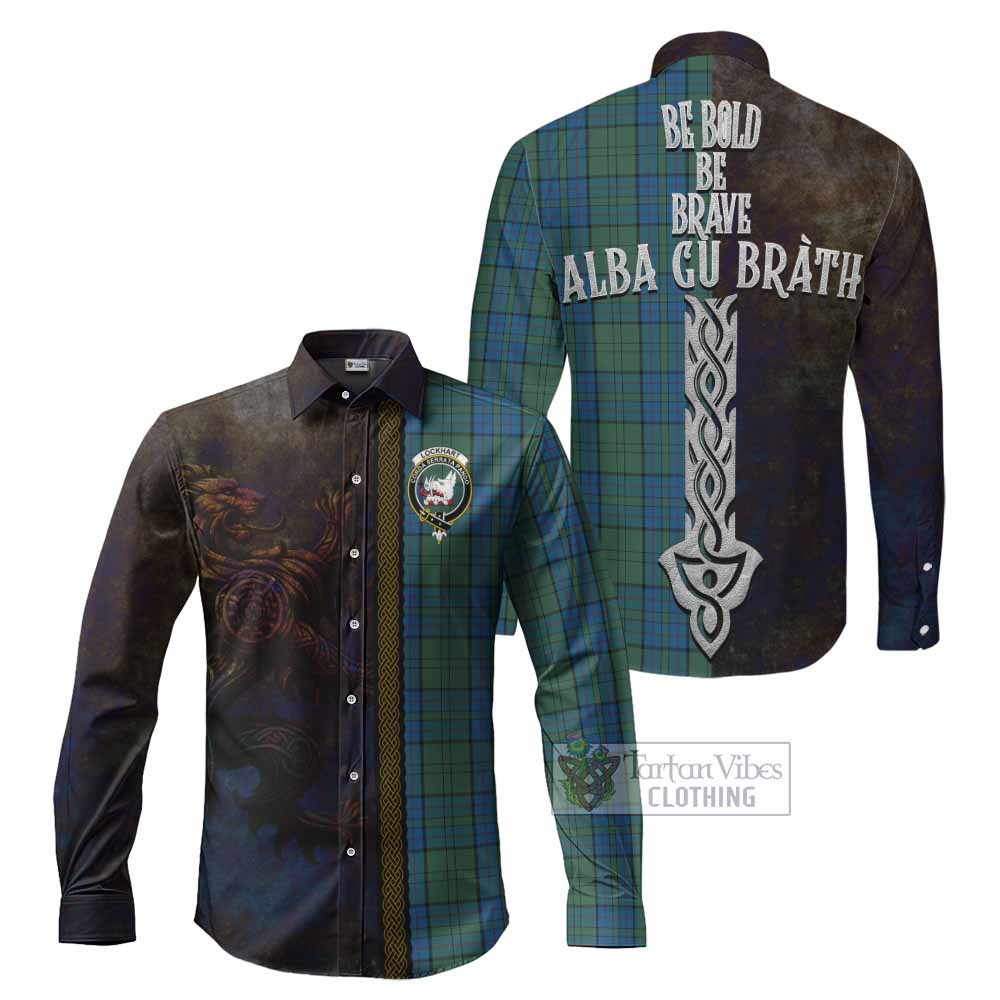 Lockhart Tartan Family Crest Long Sleeve Button Shirt Alba Gu Brath Be Brave Lion Ancient Style - Tartan Vibes Clothing