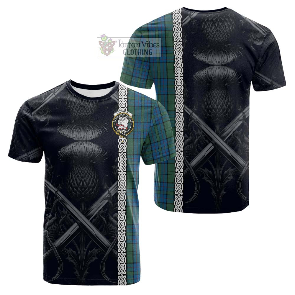 Tartan Vibes Clothing Lockhart Tartan Cotton T-shirt with Family Crest Cross Sword Thistle Celtic Vibes