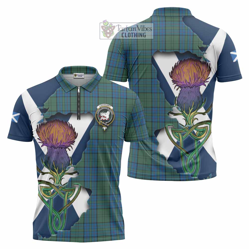 Lockhart Tartan Family Crest Zipper Polo Shirt Scottish Thistle Celtic Inspired - Tartan Vibes Clothing