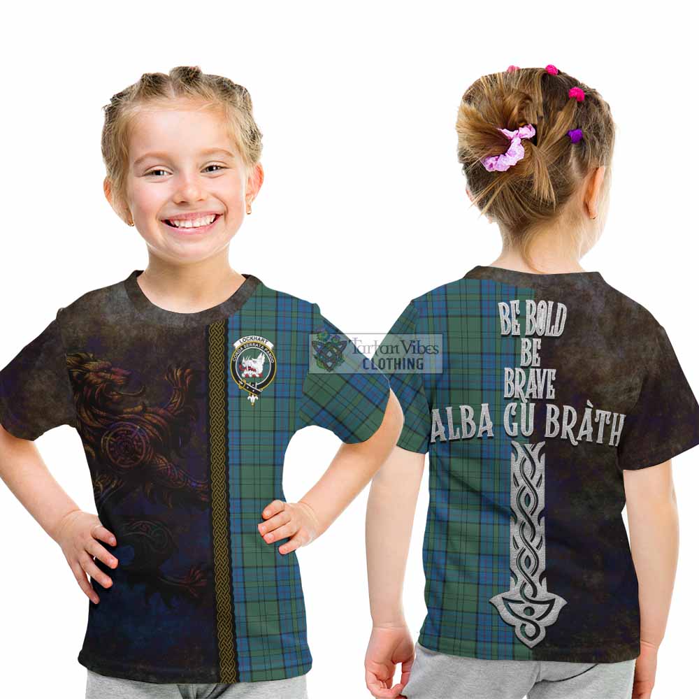 Lockhart Tartan Family Crest Kid T-Shirt Alba Gu Brath Be Brave Lion Ancient Style - Tartan Vibes Clothing