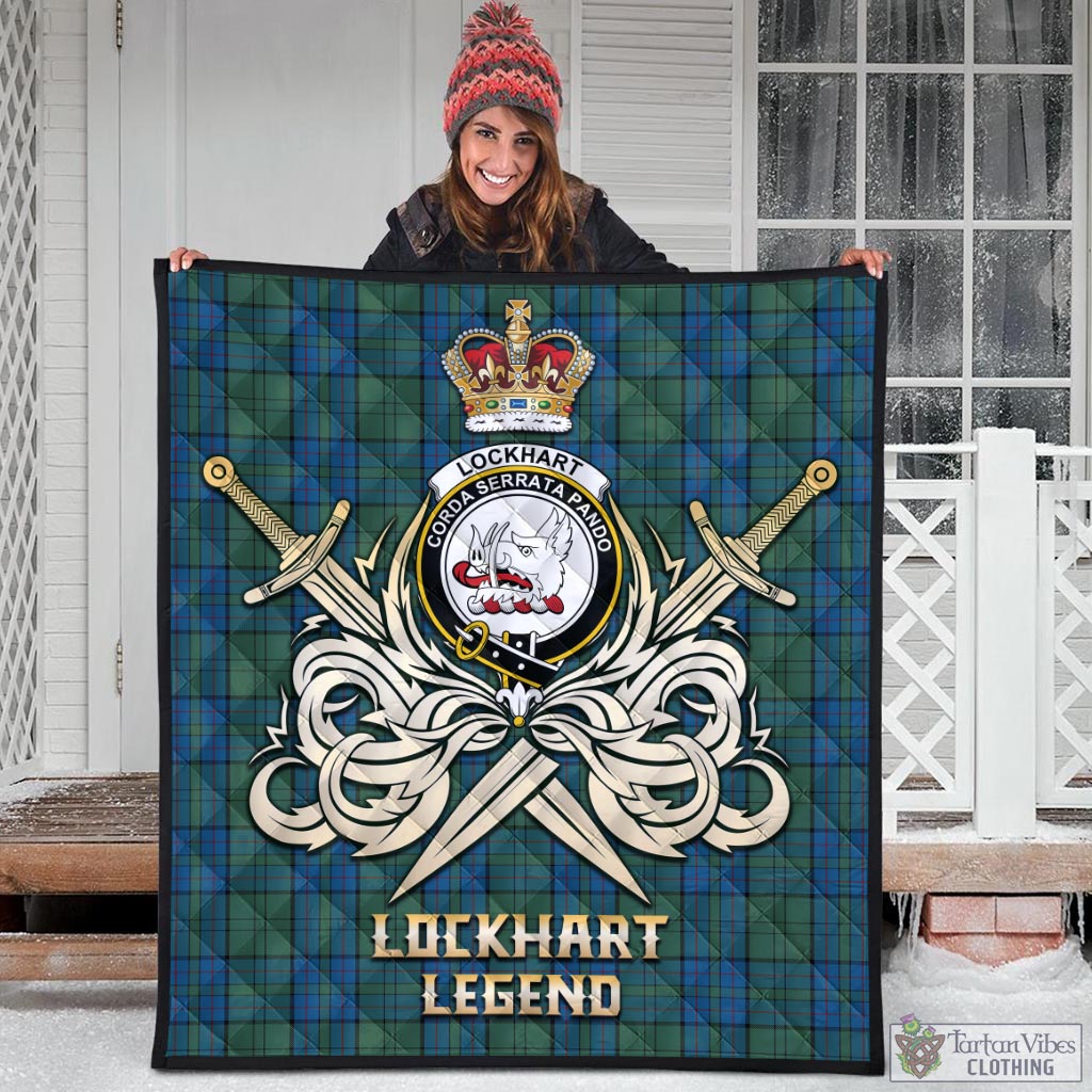 Lockhart Tartan Quilt with Clan Crest and the Golden Sword of Courageous Legacy - Tartan Vibes Clothing