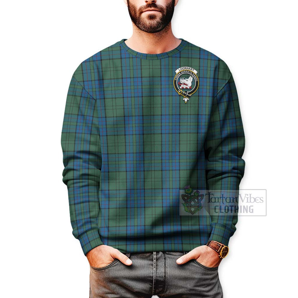 Lockhart Tartan Sweatshirt with Family Crest and Bearded Skull Holding Bottles of Whiskey - Tartan Vibes Clothing
