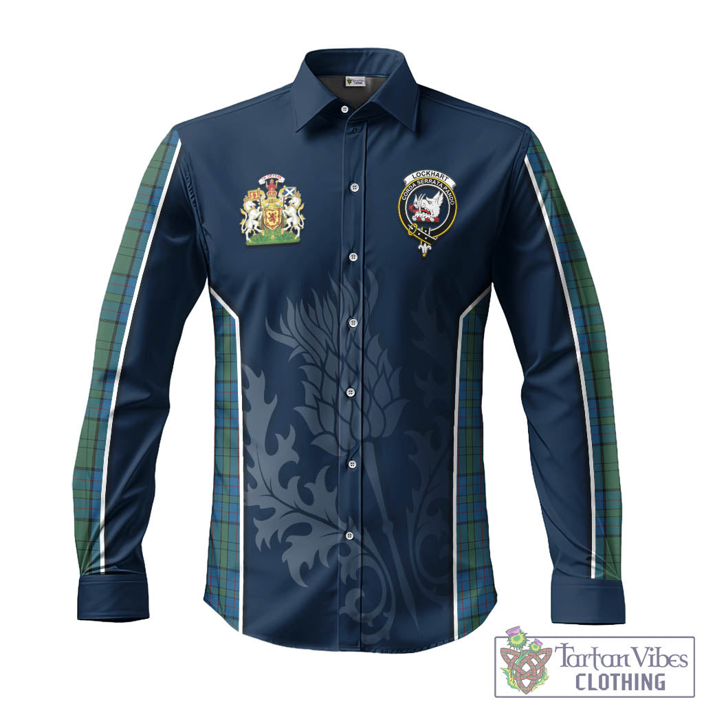 Lockhart Tartan Long Sleeve Button Up Shirt with Family Crest and Scottish Thistle Vibes Sport Style - Tartan Vibes Clothing