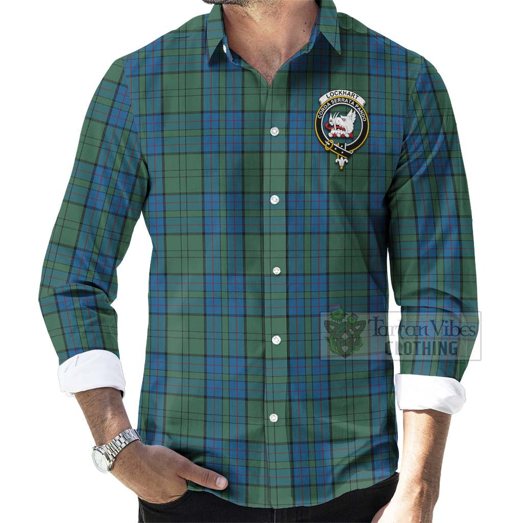 Lockhart Tartan Long Sleeve Button Shirt with Family Crest Celtic Skull Style - Tartan Vibes Clothing