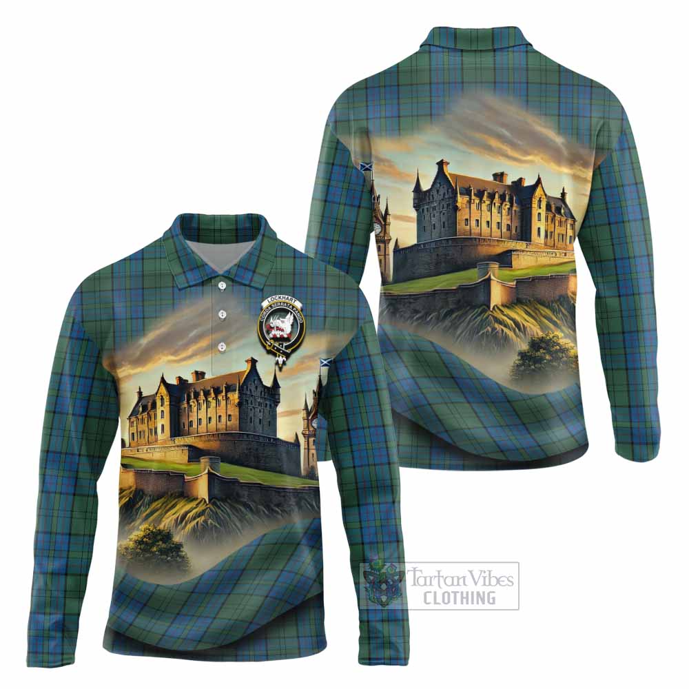 Lockhart Tartan Family Crest Long Sleeve Polo Shirt with Scottish Ancient Castle Style - Tartan Vibes Clothing