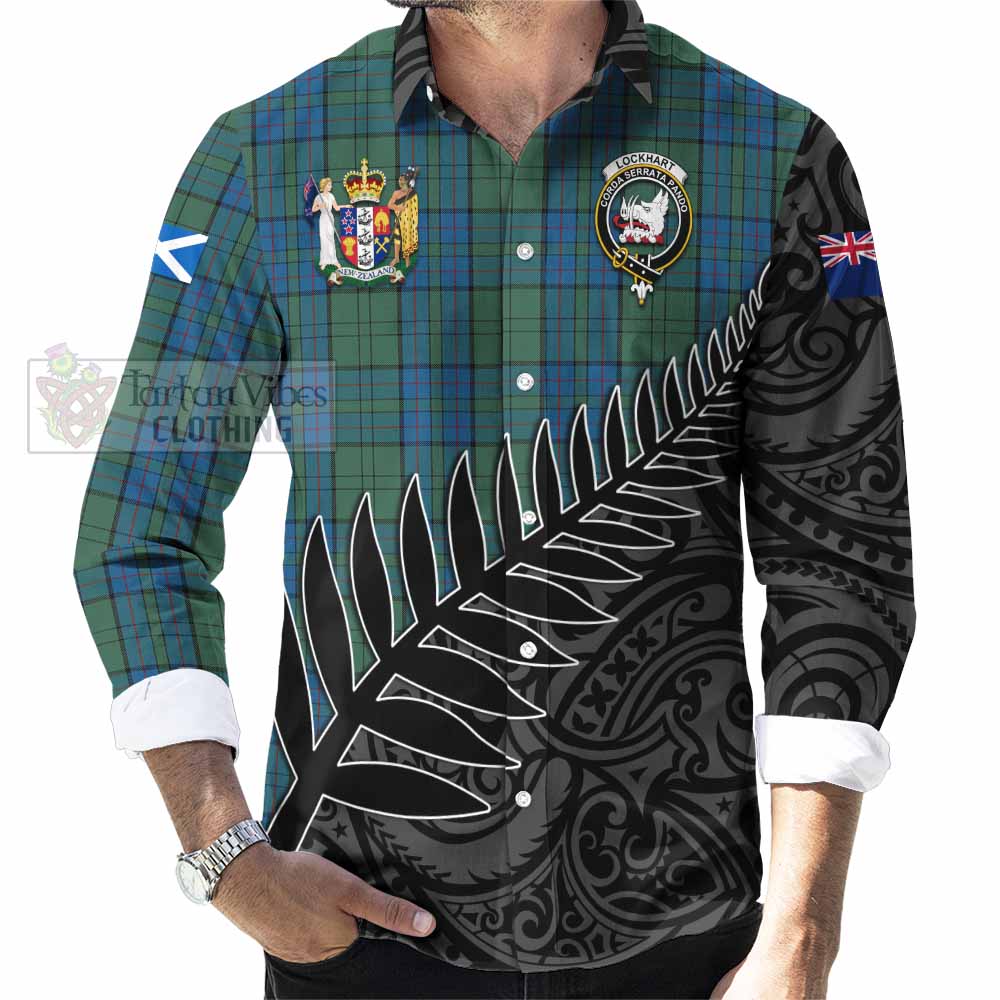 Tartan Vibes Clothing Lockhart Crest Tartan Long Sleeve Button Shirt with New Zealand Silver Fern Half Style