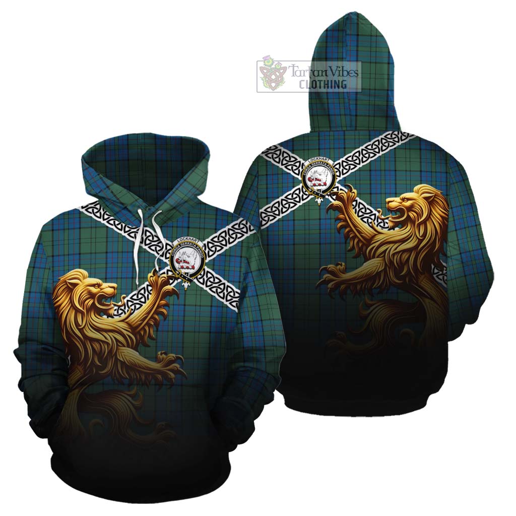Lockhart Crest Tartan Cotton Hoodie with Golden Lion Emblem Celtic Style - Tartan Vibes Clothing
