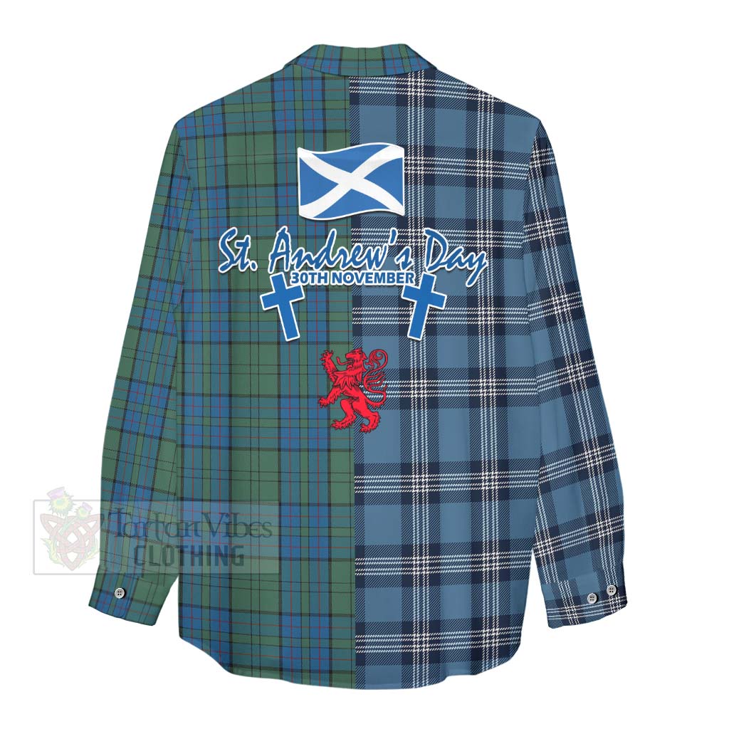Lockhart Tartan Women's Casual Shirt Happy St. Andrew's Day Half Tartan Style - Tartan Vibes Clothing