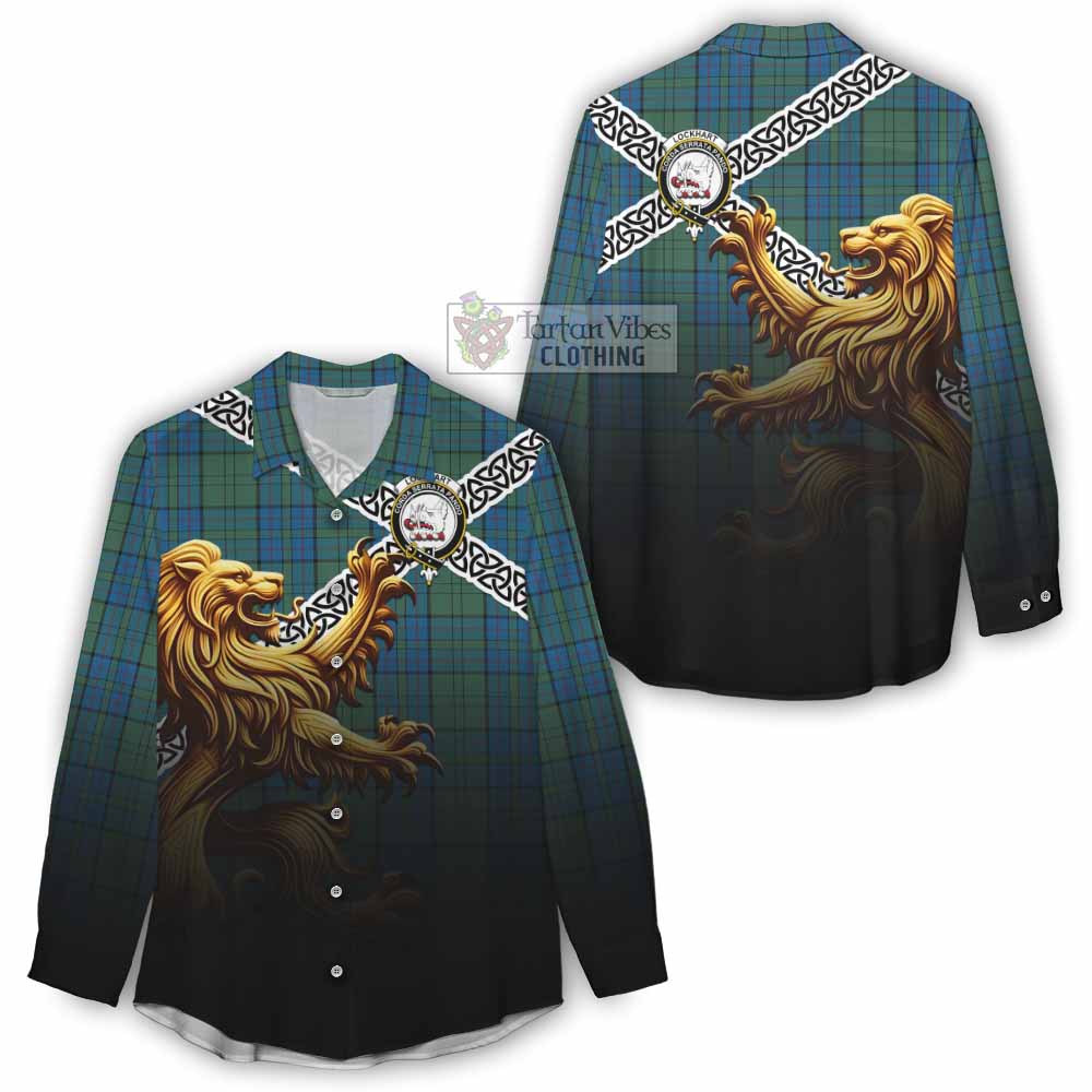 Lockhart Crest Tartan Women's Casual Shirt with Golden Lion Emblem Celtic Style - Tartan Vibes Clothing