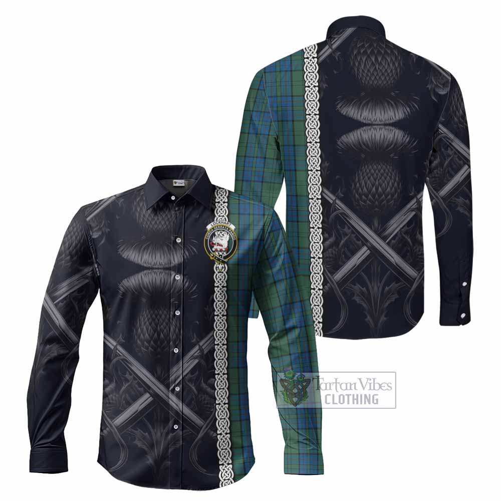 Tartan Vibes Clothing Lockhart Tartan Long Sleeve Button Shirt with Family Crest Cross Sword Thistle Celtic Vibes