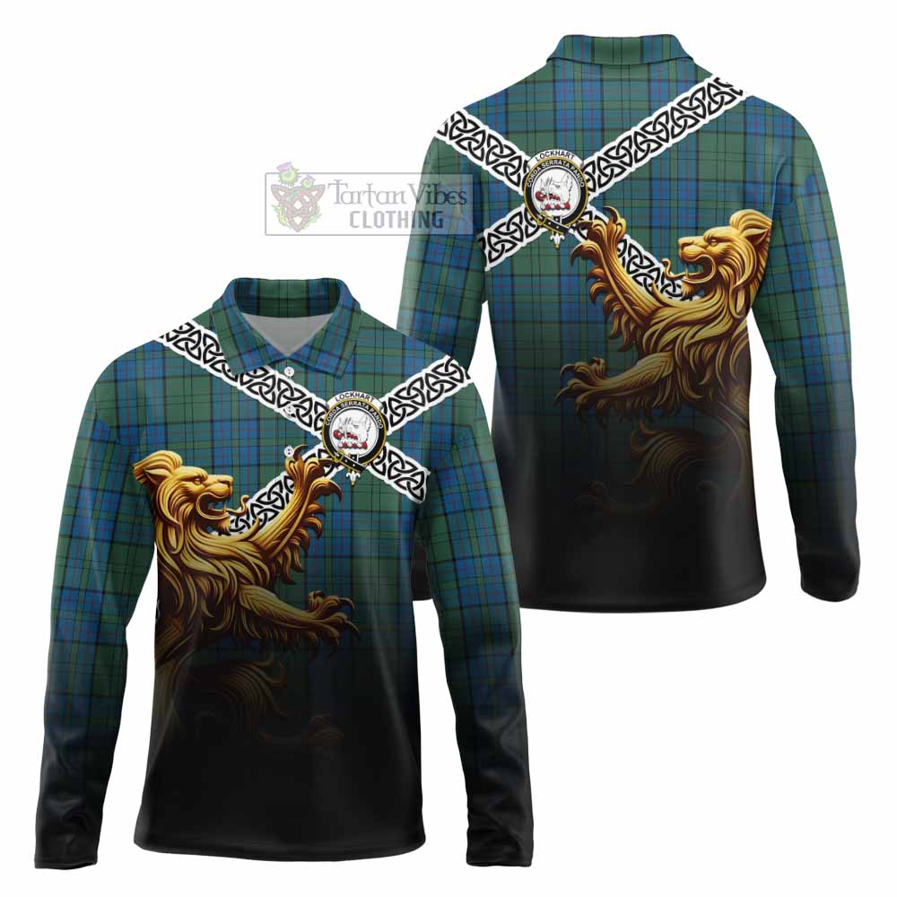 Lockhart Crest Tartan Long Sleeve Polo Shirt with Golden Lion Emblem Celtic Style - Tartan Vibes Clothing