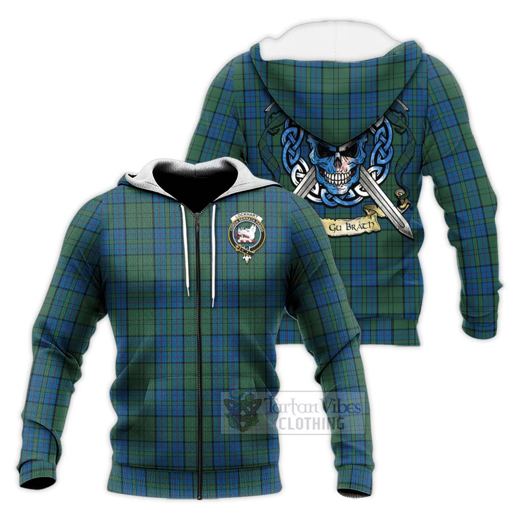 Lockhart Tartan Knitted Hoodie with Family Crest Celtic Skull Style Unisex Knitted Zip Hoodie - Tartan Vibes Clothing