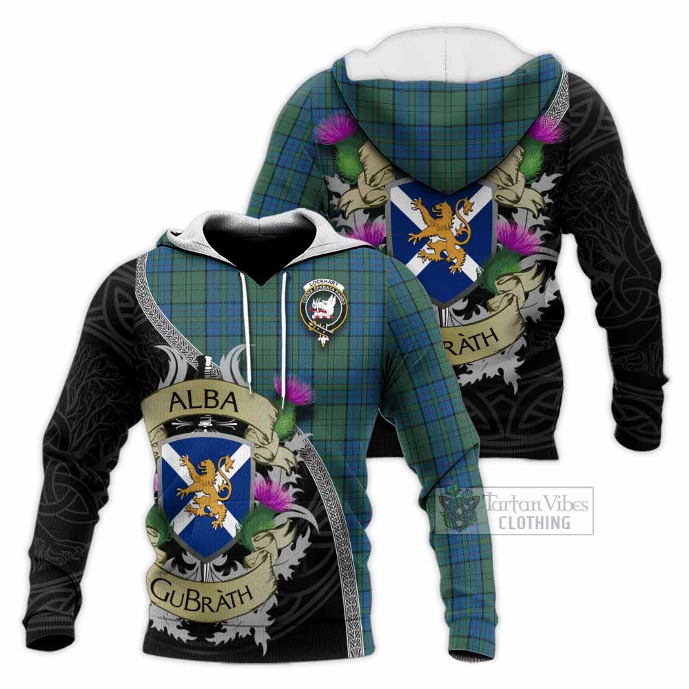 Lockhart Tartan Family Crest Knitted Hoodie Lion Rampant Royal Thistle Shield Celtic Inspired - Tartan Vibes Clothing