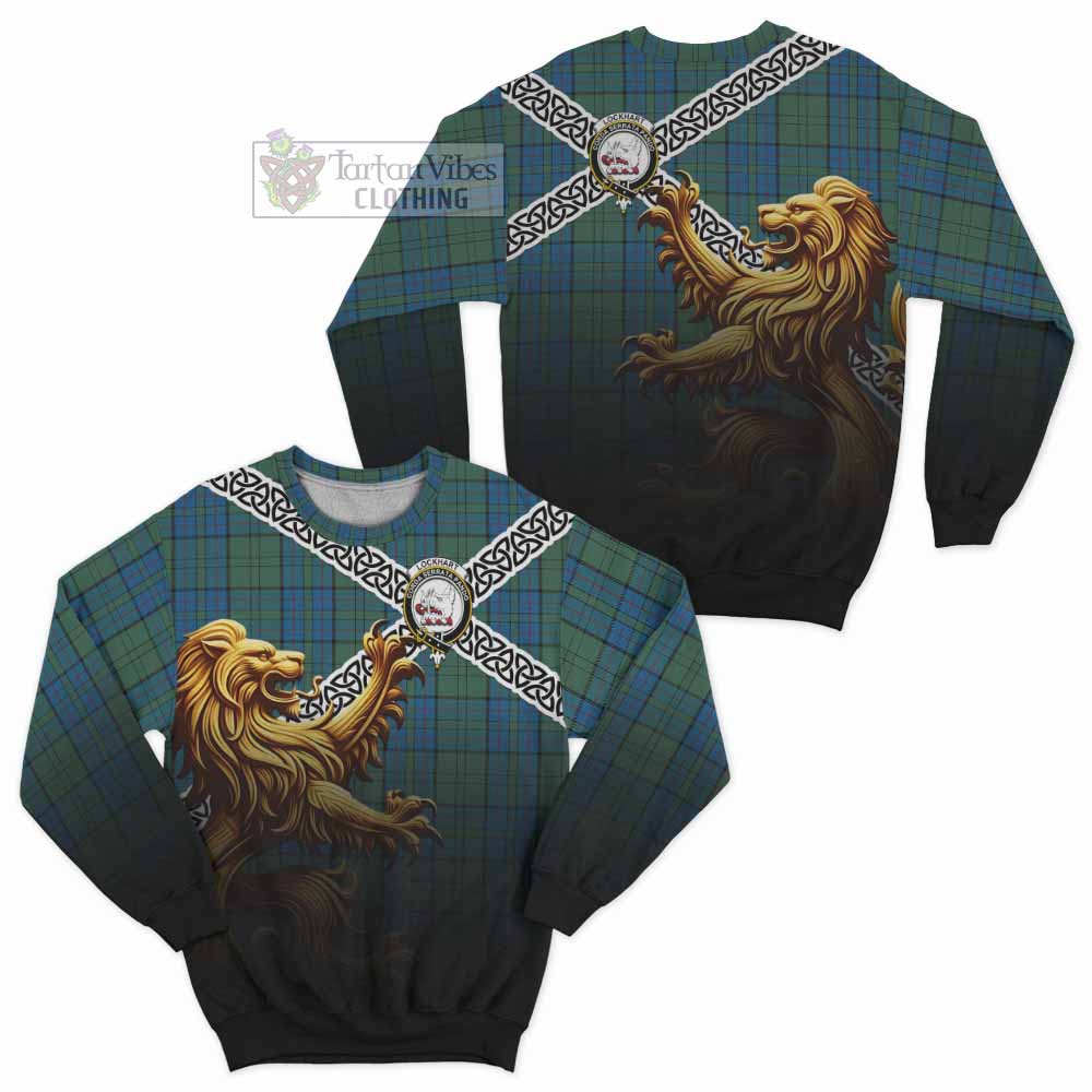 Lockhart Crest Tartan Sweatshirt with Golden Lion Emblem Celtic Style - Tartan Vibes Clothing