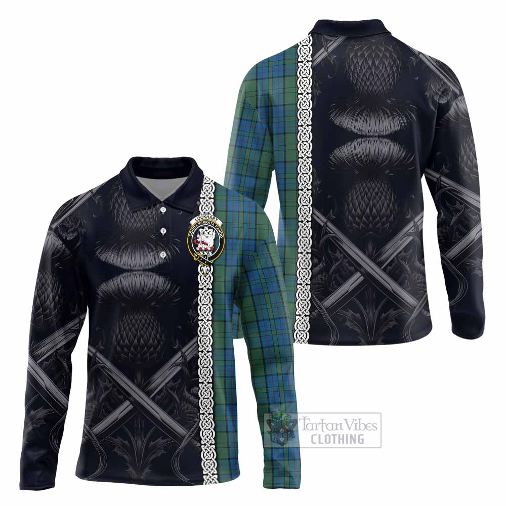 Lockhart Tartan Long Sleeve Polo Shirt with Family Crest Cross Sword Thistle Celtic Vibes - Tartan Vibes Clothing