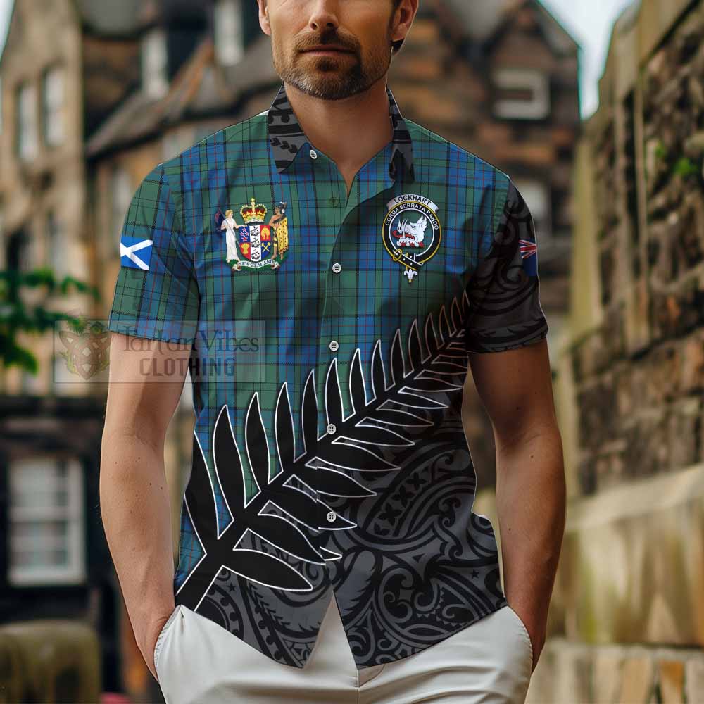 Tartan Vibes Clothing Lockhart Crest Tartan Short Sleeve Button Shirt with New Zealand Silver Fern Half Style