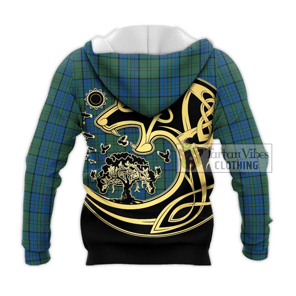 Lockhart Tartan Knitted Hoodie with Family Crest Celtic Wolf Style - Tartan Vibes Clothing