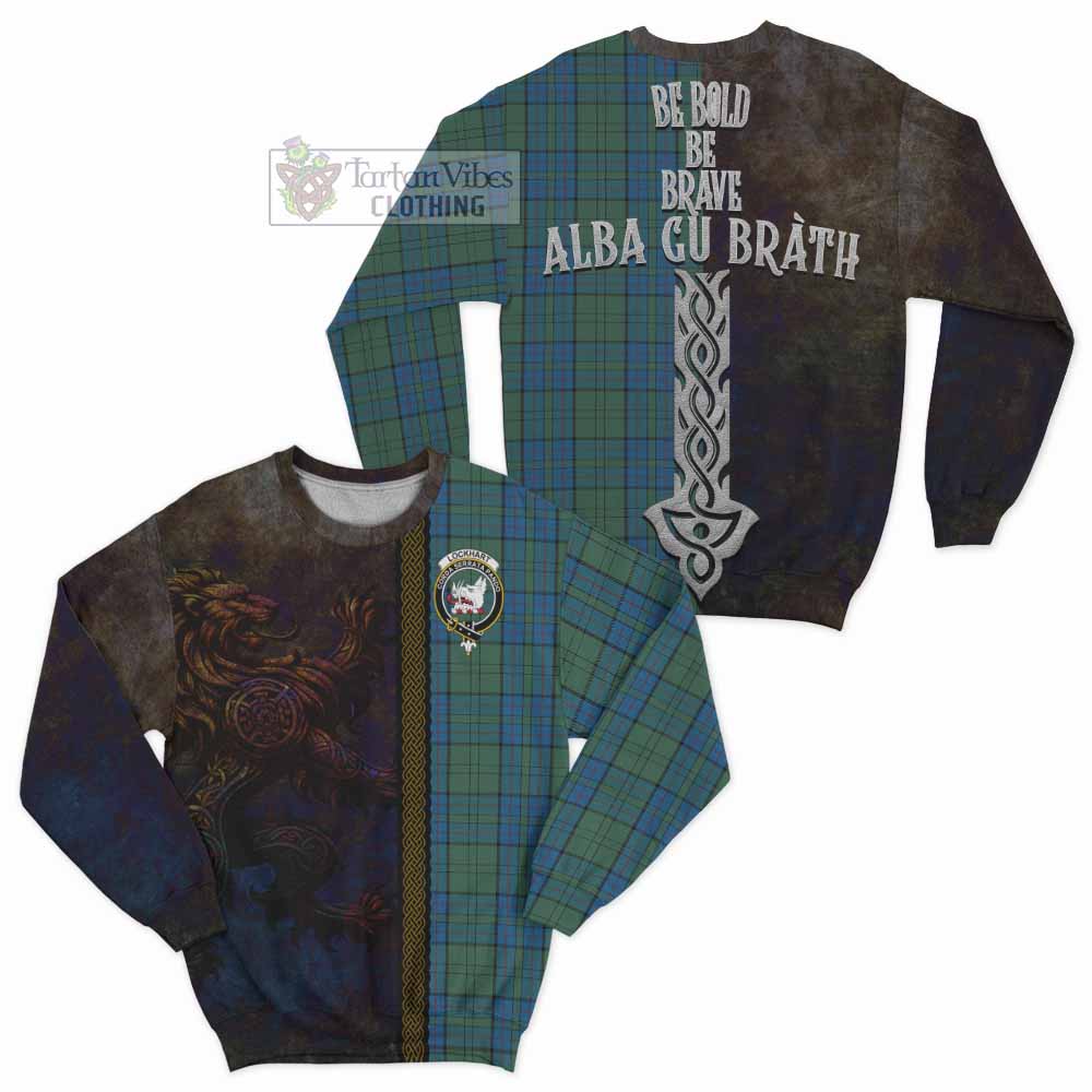 Lockhart Tartan Family Crest Sweatshirt Alba Gu Brath Be Brave Lion Ancient Style - Tartan Vibes Clothing
