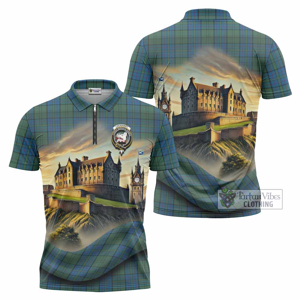 Lockhart Tartan Family Crest Zipper Polo Shirt with Scottish Ancient Castle Style - Tartan Vibes Clothing