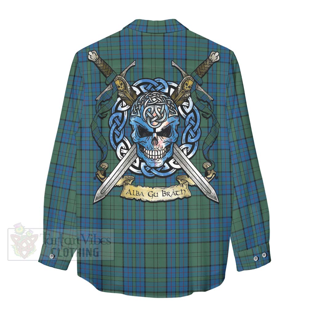 Lockhart Tartan Women's Casual Shirt with Family Crest Celtic Skull Style - Tartan Vibes Clothing