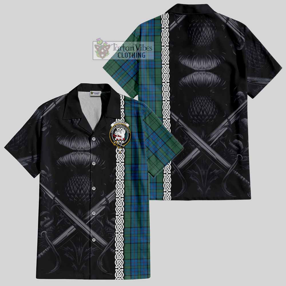 Lockhart Tartan Hawaiian Shirt with Family Crest Cross Sword Thistle Celtic Vibes - Tartan Vibes Clothing