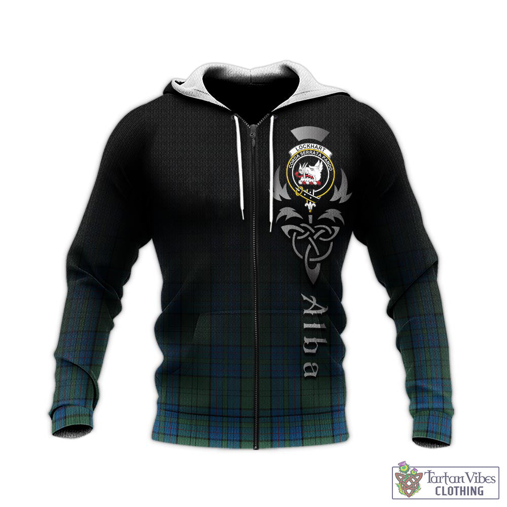 Tartan Vibes Clothing Lockhart Tartan Knitted Hoodie Featuring Alba Gu Brath Family Crest Celtic Inspired