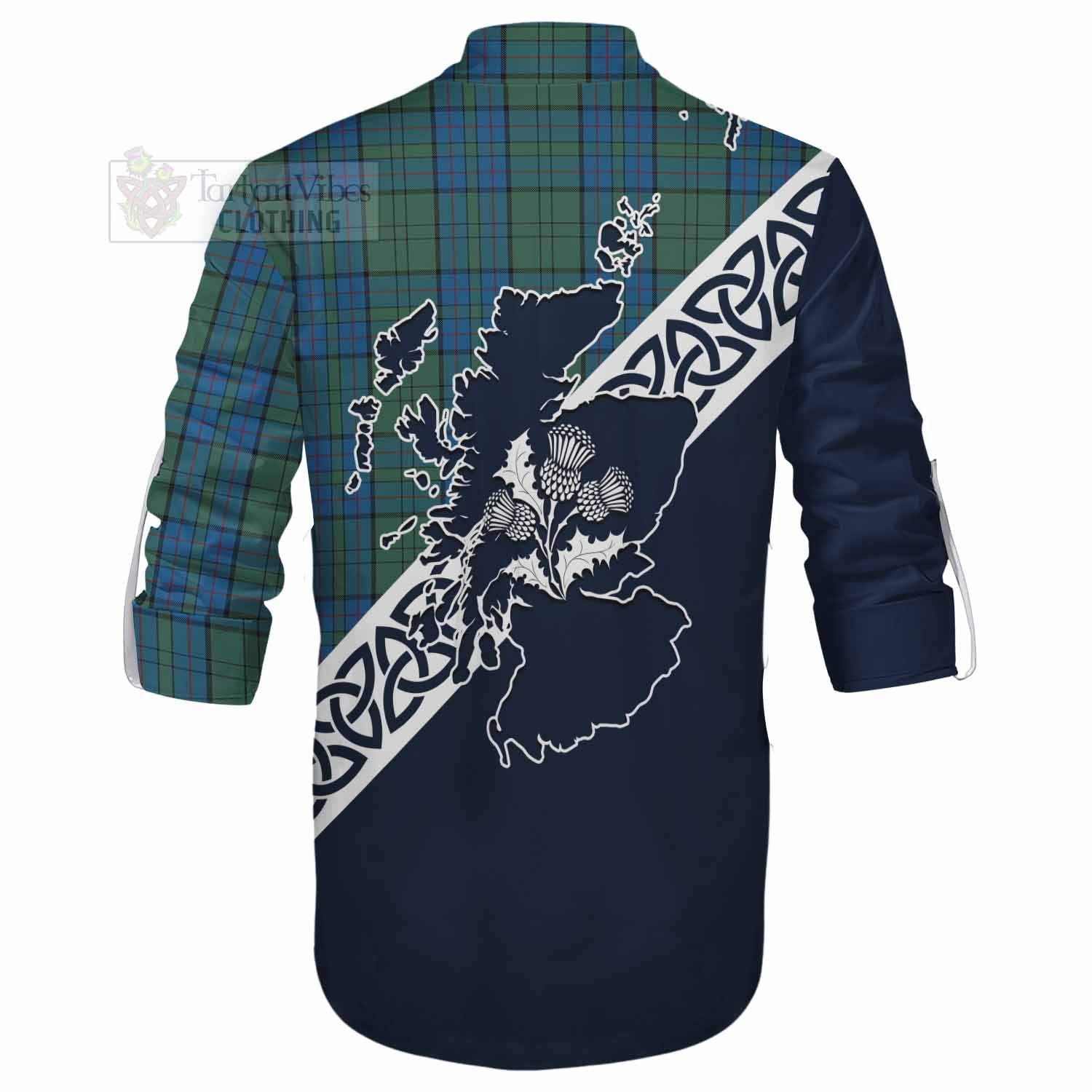 Lockhart Tartan Ghillie Kilt Shirt Featuring Thistle and Scotland Map - Tartan Vibes Clothing