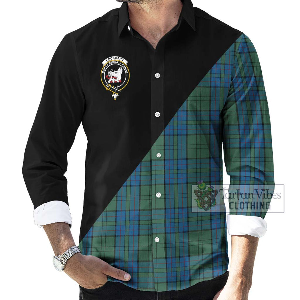 Lockhart Tartan Long Sleeve Button Shirt with Family Crest and Military Logo Style - Tartanvibesclothing Shop