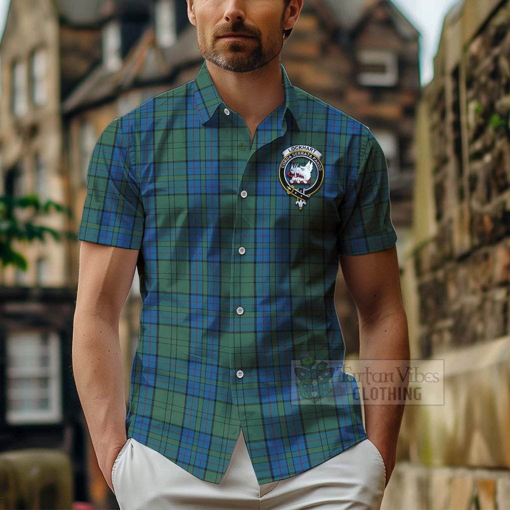 Lockhart Tartan Hawaiian Shirt with Family Crest Celtic Skull Style - Tartan Vibes Clothing