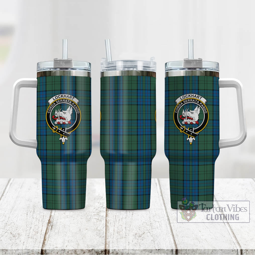 Lockhart Tartan Tumbler with Handle with Family Crest - Tartan Vibes Clothing