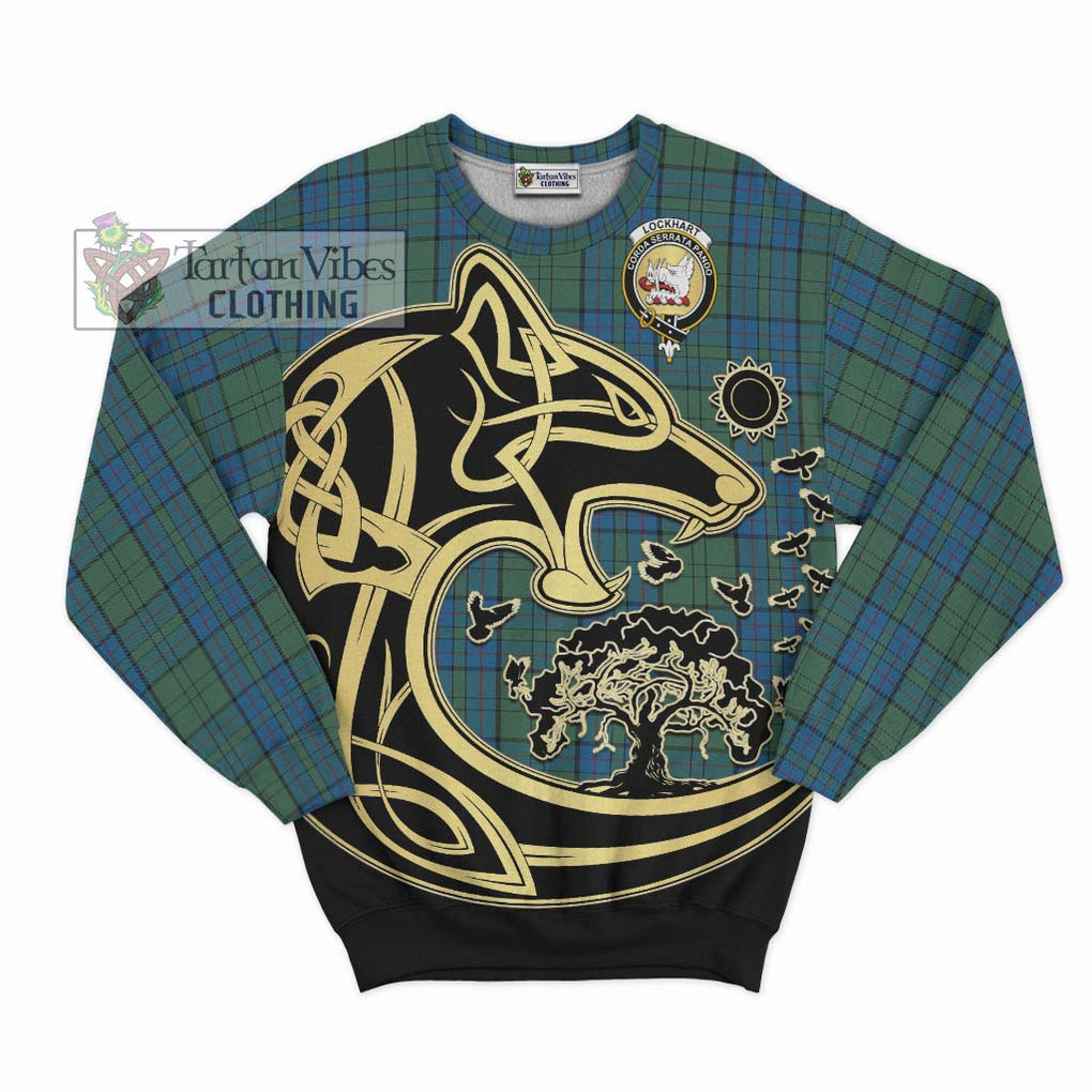 Lockhart Tartan Sweatshirt with Family Crest Celtic Wolf Style - Tartan Vibes Clothing