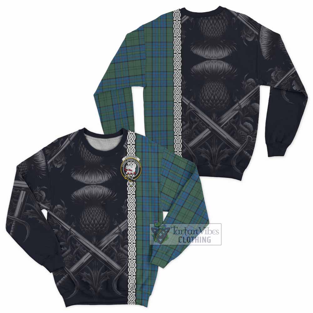 Lockhart Tartan Sweatshirt with Family Crest Cross Sword Thistle Celtic Vibes - Tartan Vibes Clothing