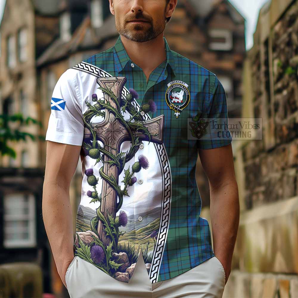 Lockhart Tartan Hawaiian Shirt with Family Crest and St. Andrew's Cross Accented by Thistle Vines - Tartan Vibes Clothing