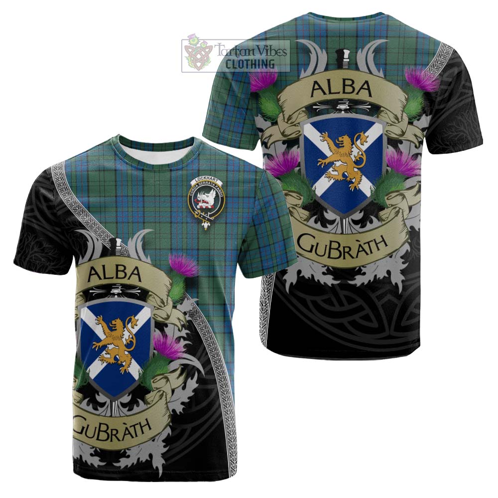 Tartan Vibes Clothing Lockhart Tartan Family Crest Cotton T-shirt Lion Rampant Royal Thistle Shield Celtic Inspired
