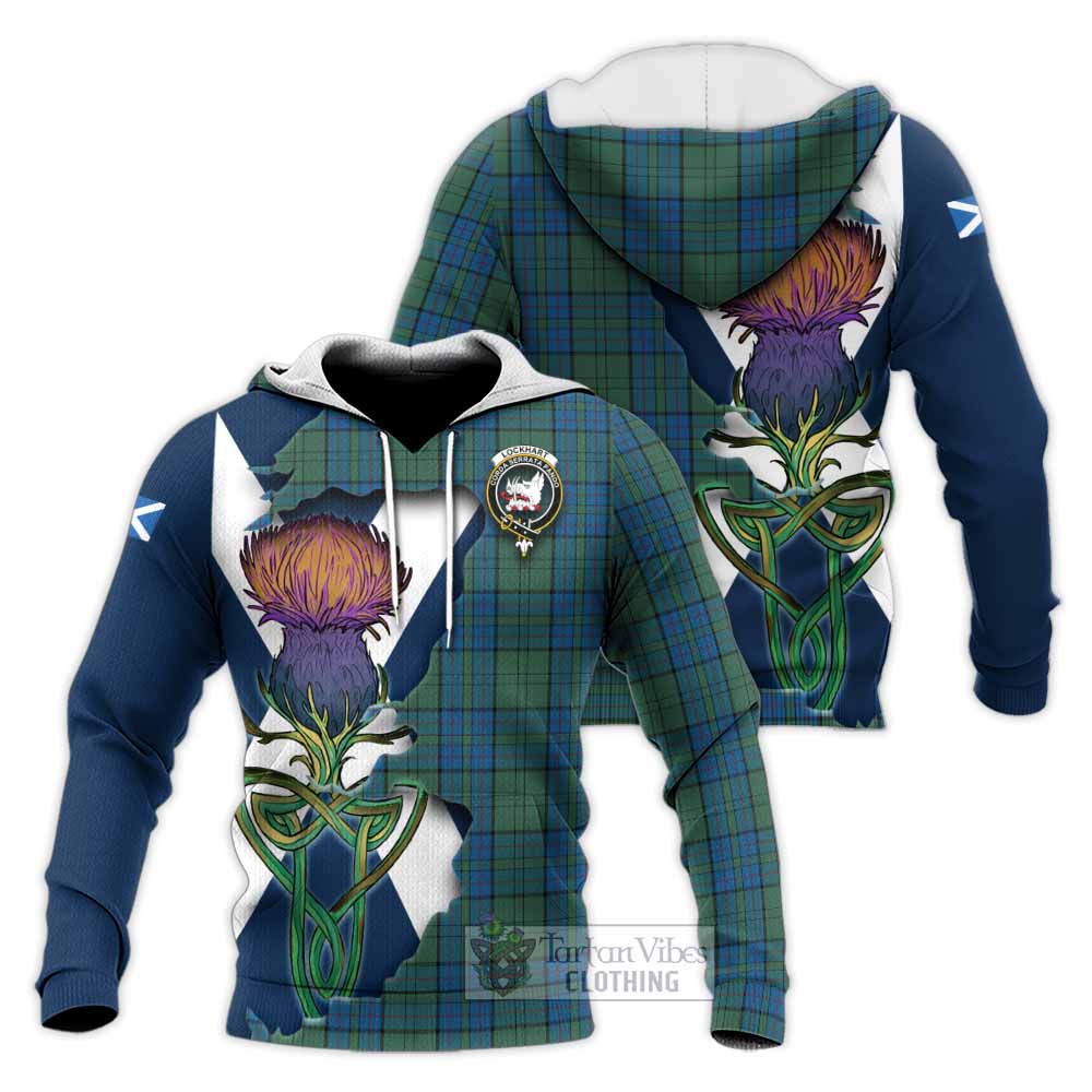 Tartan Vibes Clothing Lockhart Tartan Family Crest Knitted Hoodie Scottish Thistle Celtic Inspired