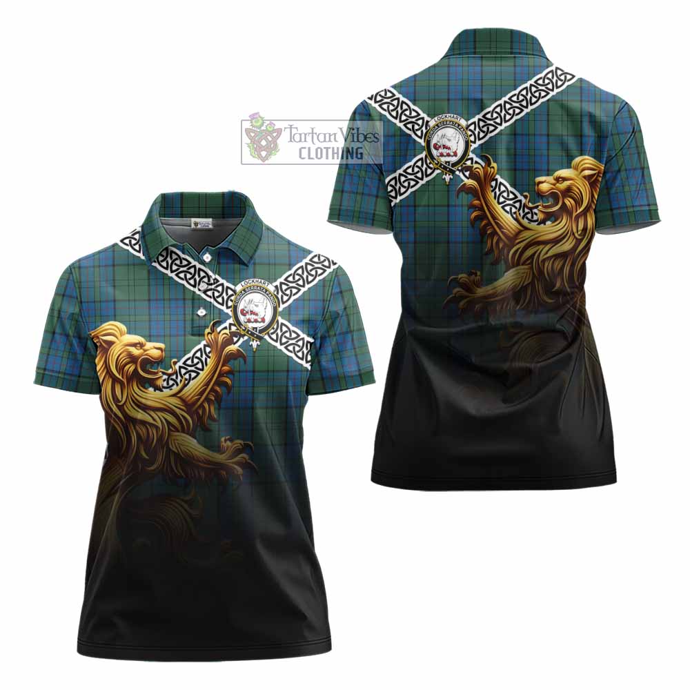 Lockhart Crest Tartan Women's Polo Shirt with Golden Lion Emblem Celtic Style - Tartan Vibes Clothing